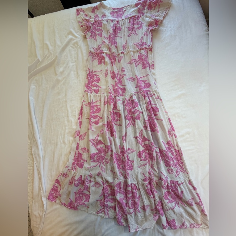 Floral Maxi Dress pink tropical tiered size L flutter sleeves - Picture 6 of 12